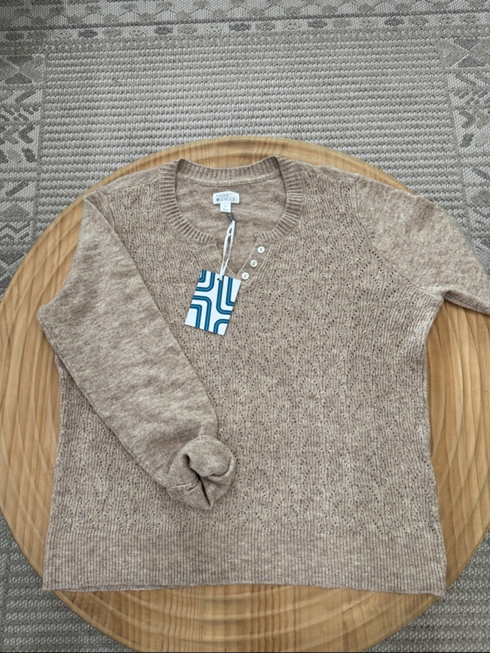 Market & Spruce Beige Crewneck Button Detail Sweater